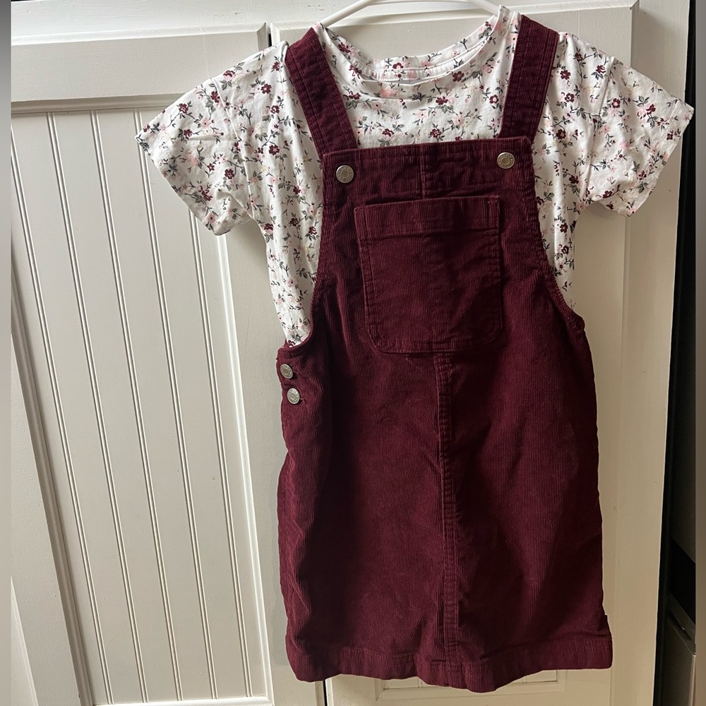 Gap Burgundy Corduroy Overalls Dress with T Shirt